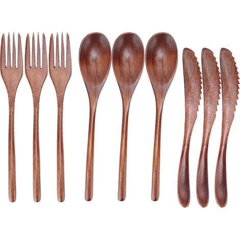 Lot de 3 couverts en bois - Fourchette, cuillère, couteau - Ustensiles de cuisine pour maison, café, restaurant (1/5)