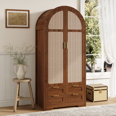 Mueble alto de almacenaje con 2 puertas curvas y 4 cajones, tirador de metal, MDF, 80x50x179 cm, marrón (1/5)