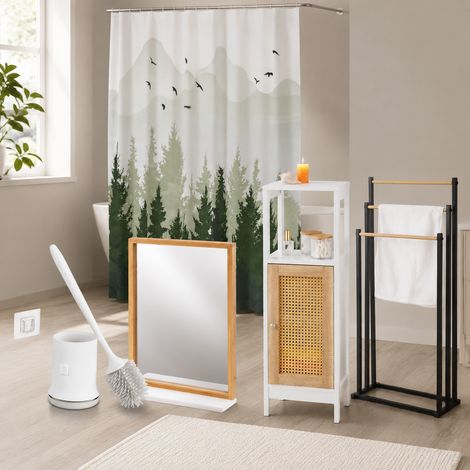 Ensemble de salle de bains en rotin 5 pieces porte serviettes miroir rideau brosse de toilettes et meuble de rangement 227000229 227000229 (1/5)