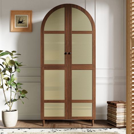 Armario ropero 80 x 50 x 179 cm con barra, cajón y puerta de ratán, nogal OKMYHOME (1/4)
