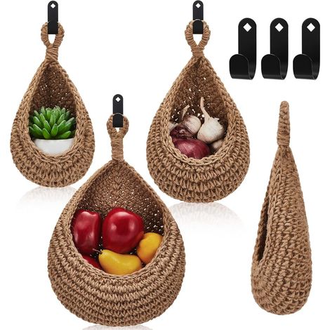 Panier mural suspendu en forme de larme paniers suspendus panier à oignons suspendus manteau bohème stockage fruits crochets muraux pour cuisine mur maison restaurant stockage ail légumes mur jardiniè (1/5)