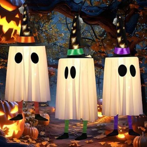 Leuchtende Geisterdekorationen für Halloween, 3er-Set LED-Hängeleuchten mit Hexenhüten, 60 cm, für Garten, Rasen, Veranda, Terrasse, Hof (grün, orange, violett). (1/5)