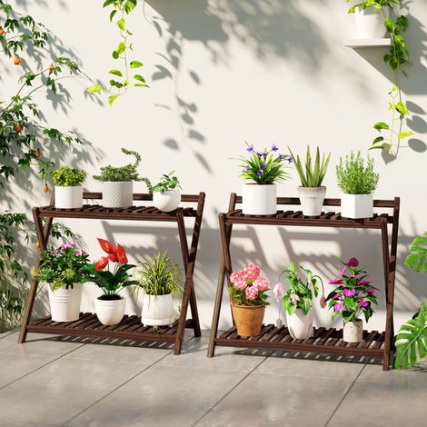 Lot de 2 supports à plantes 2 étagères marron 73x36x64 cm avec dosseret pour intérieur (1/5)