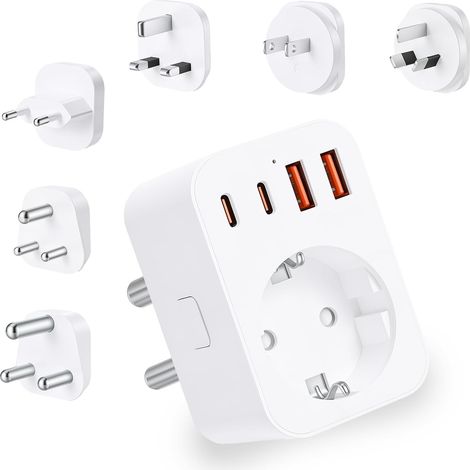 Adaptateur de Voyage avec 6 Prises Internationales Amovibles (Type A/B/C/G), Universel Adaptateur Prise avec 3 USB, 2 Type C PD 20W, pour JP, GB, AU, ZA, EU (6) (1/5)