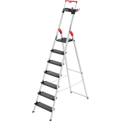 Hailo L100 Topline - Scala di sicurezza in alluminio, 7 gradini XXL fino a 150 kg, con staffa di fissaggio estraibile, blocco piattaforma, molti accessori, scala pieghevole in alluminio, made in (1/5)