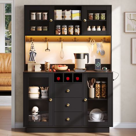 Buffet de cuisine 120x40x170 cm - 3 tiroirs et 4 compartiments - LED RGB via app - Prise et USB - Finition noire et dorée (1/5)