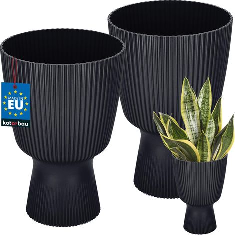 KOTARBAU® Lot de 2 Pot de Fleur Ø 18 cm - Pot de Fleur Interieur - PVC - Pot de Fleur Exterieur - Pot pour Plante avec Socle - Nervuré - Forme de Coupe - H: 27 cm - Anthracite (1/4)