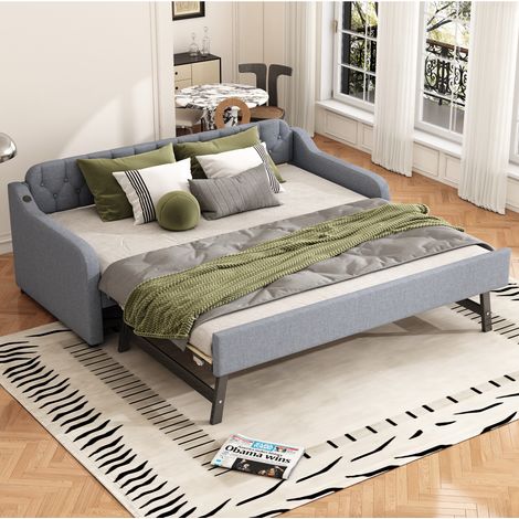 Sofá cama de lino gris 90x200 cm con cama nido extraíble, USB y somier de láminas