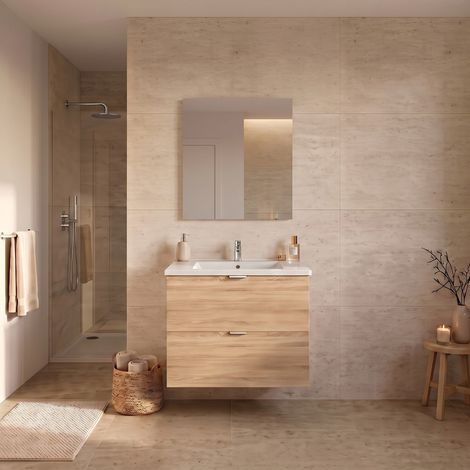Meuble sous-vasque 2 tiroirs MALAGA 60 cm + vasque + miroir / Décor Chêne blanchi/ (1/5)
