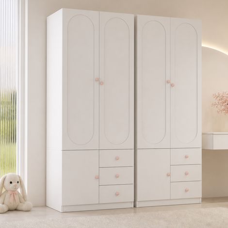 MODFU – Lot 2 armoires 80x50x200 cm MDF – Penderie, 3 tiroirs et poignées roses – Charge 20/15 kg et anti-basculement – Chambre – Blanc (1/5)