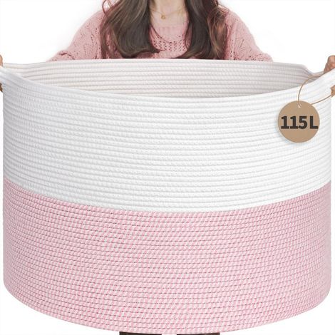 Großer Wäschekorb 115L aus Baumwollseil, rosa, faltbar, für Kinderzimmer (1/5)