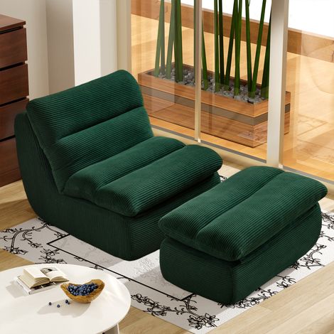 REDOM Divano singolo 81x101x75 cm, con poggiapiedi e cuscini rimovibili, tessuto a coste verde