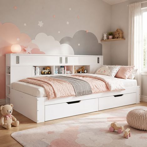 Letto MEUBLIV 140x200 cm bianco – con contenitori integrati e rete, senza materasso (1/5)