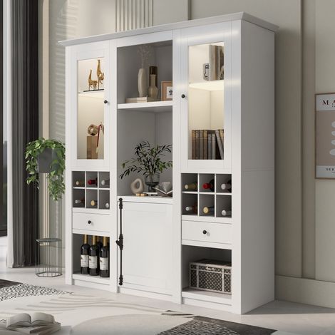 Vetrina LED bianca 143 x 45,5 x 170 cm con vani contenitori, ante trasparenti in acrilico DESVIAE (1/5)