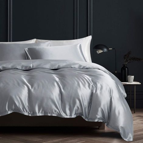 Bettwäsche-Set Satin 200x200cm Grau mit 2 Kissenbezügen 80x80cm Glatt Glänzend