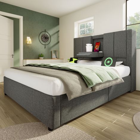 Lit coffre 90x200 cm avec tête de lit, ports USB Type-C et porte-gobelet caché, confortable, lin gris(Sans matelas) (1/5)