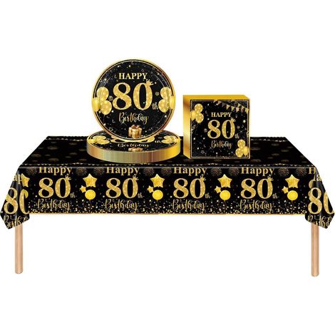Partygeschirr 80. Geburtstag Schwarz Gold 37 Teile für Damen & Herren