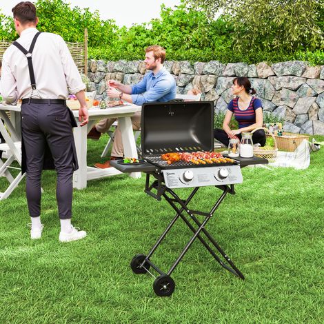 Barbecue a gas portatile, 2 bruciatori 5,6 kW, barbecue a gas da campeggio con ripiani laterali, termometro e ruote, nero