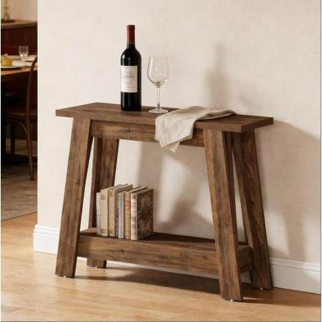 Table console rustique 105 x 30 x 80 cm avec rangement 2 niveaux en MDF marron rustique OKMYHOME (1/5)