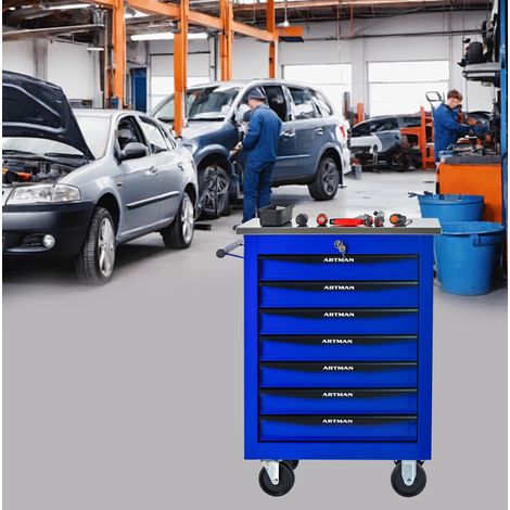 Carrello officina 7 cassetti con ruote e piano in acciaio inox, blu e nero DESVIAE (1/5)