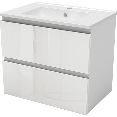 AICA Wall Hung 600mm Bathroom Vanity Unit Only Cabinet Gloss White 2 Drawers Flat Pack
