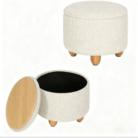 Pouf rotondo contenitore in lino crema 39 x 39 x 33 cm con vassoio in legno HOMVRA (1/5)