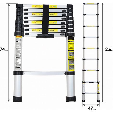 Randaco Echelle télescopique 2,6M Echelle multifonctionnelle Aluminium Echelle simple Echelle multi-usage Echelle extensible Escabeau de qualité supérieure 150KG