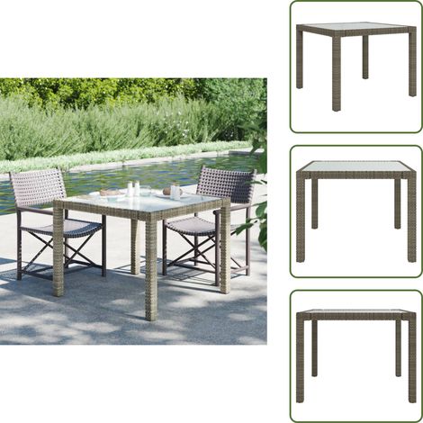 Table de jardin 90x90x75 cm Verre trempé et résine tressée Gris - Table De Jardin - Table Extérieure - Mobilier De Jardin - Table En Résine Tressée - Table Ronde (1/5)