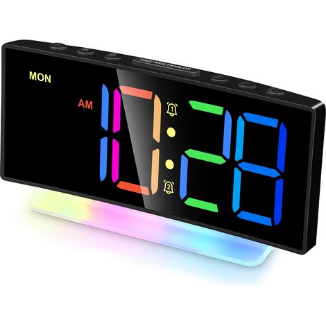 Gebogener digitaler LED-Wecker mit RGB-Beleuchtung, Doppelalarm, 12/24-Stunden-Format, einstellbarer Helligkeit (Netzteil nicht im Lieferumfang enthalten)
