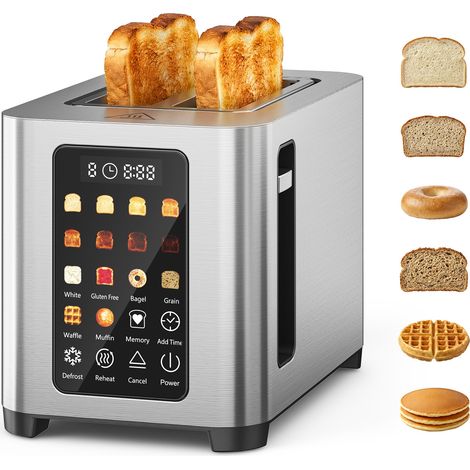 Grille-pain 2 fente Écran Tactile Toaster 8 Niveaux de Brunissage, Minuteur,Décongélation,Réchauffage Support Chauffant