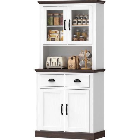 Alacena de Cocina Alta con Puertas de Cristal 2 Cajones Estantes Ajustables Compartimento Abierto 80x38x170 cm Blanco (1/5)