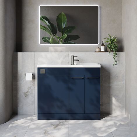 Napoli 250 Deep Blue 1000mm 2 Door Vanity Unit Toilet Suite with Square Silvo Basin - 1000mm - Gunmetal Grey 160mm HandleWithout Kingston Toilet Pan