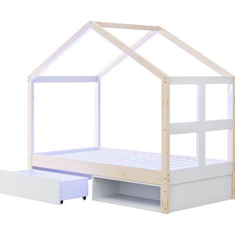 Cama casita 90 x 190 cm de madera con cajones, zapatero y tira LED (1/5)