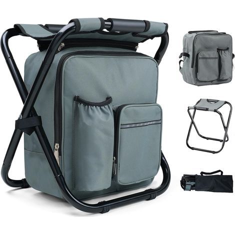 40CM Tabouret Pliable Camping avec Poche de Glacière Amovible, Siege de Peche avec Sac à Dos, Compact et Fonctionnel, Chaise Pliante pour Chasse Pique-Nique, Gris (1/5)