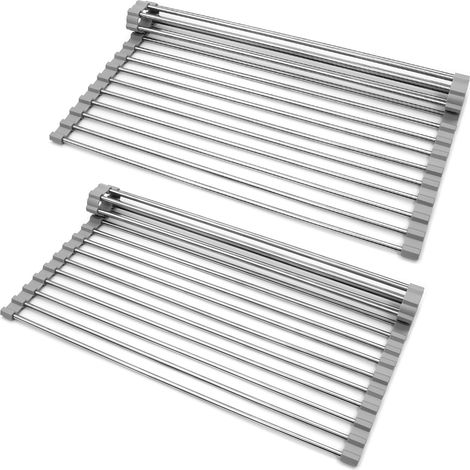 Lot de 2 égouttoir à vaisselle pliable en acier inoxydable au-dessus de l'évier de la cuisine, égouttoir pour organisateur de tapis pour tasses, éponges pour nettoyer, fruits, légumes (gris) (1/5)