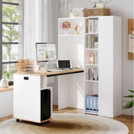 Klappbarer Schreibtisch mit Ablagen –2-in-1-Bücherregal und Schreibtisch, klappbar, mit Steckdose und USB-Anschluss, höhenverstellbare Ablagen, Kippschutz, weiß-Schreibtisch,Eck-Schreibtisch-rechts (1/5)
