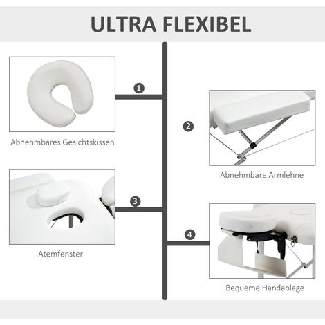 Table de massage pliable mobile 3 zones, appui-tête, accoudoirs, sac de transport incluse, plateau en aluminium réglable en hauteur, portable, charge max 225 kg, blanche