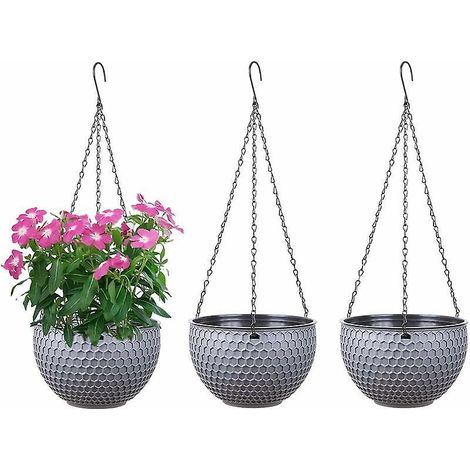 lot De 3 Pots De Fleurs Suspendus Auto-arrosage Avec Rservoir D'eau Et Trou De Vidange En Nid D'abeilles - Avec Chanes Inoxydables Pour L'intrieur
