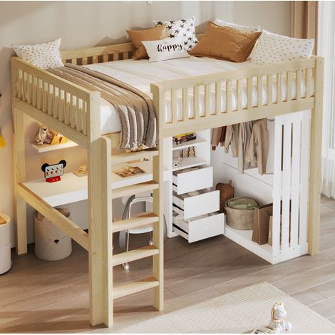 Cama alta infantil con escritorio y armario natural OKMYHOME (1/5)