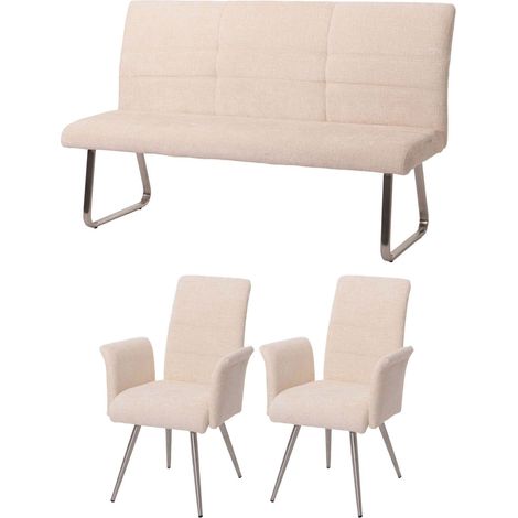 Set sala da pranzo HHG-219, 2 sedie con braccioli + panca 160cm, acciaio inox stoffa/tessuto ciniglia, avorio