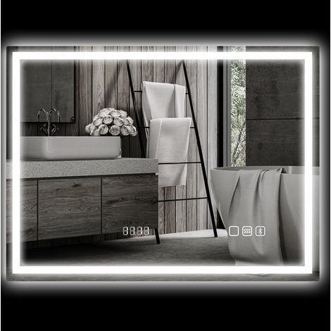 Espejo LED de baño 80 x 60 cm con Bluetooth, reloj y antivaho DESVIAE (1/5)