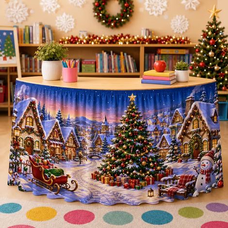 Nappe de Noël style 2026 pour décorations de fête de famille - Tissu décoratif en polyester imprimé bonhomme de neige et sapin de Noël - 180 x 75 cm - 14