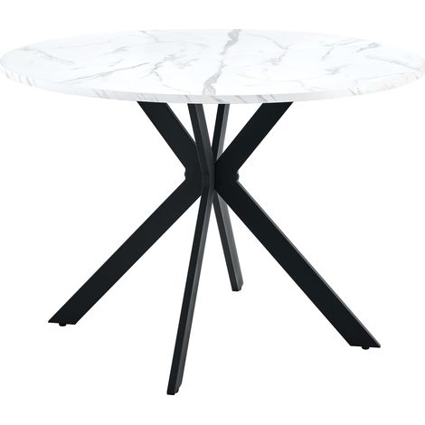 Table à manger ronde en MDF effet marbre blanc avec piètement X noir, diamètre 110 cm (1/5)