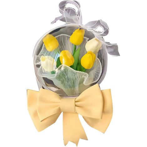 Bouquet de tulipes artisanales pour femme, fleurs artificielles de qualité pour décoration mariage, jaune et blanc, taille unique (1/5)