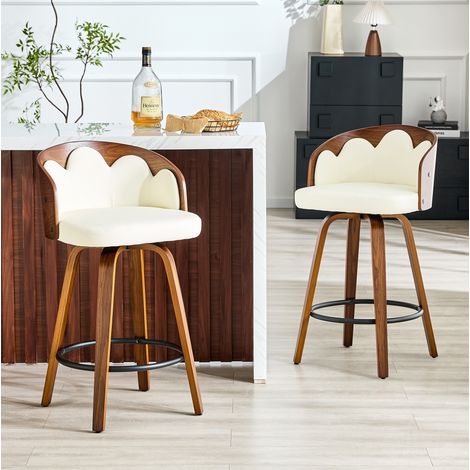 Set di 2 sgabelli da bar a forma di fiore, in legno curvato e PU, con poggiapiedi in metallo, bianchi (1/5)