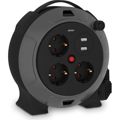 Kabeltrommel mit 2 USB-A-Anschlüssen und 3 Schuko 2P+T-Steckdosen (3680W 16A und 5 Meter Kabel) in Schwarz und Grau (1/5)