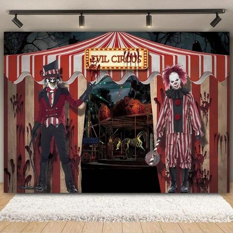 (200 cm x 150 cm)Halloween Evil Circus Theme Backdrop Toile de Fond sur Le thème du Cirque maléfique Halloween Fête d'anniversaire (1/5)