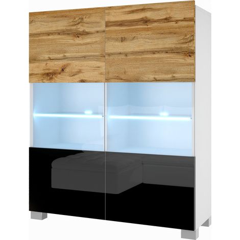 BELINI Commode Chambre ou Salon NEX KOM I Meubles de Salon avec 2 Portes Vitrées I Teille: 36 x 100 x 115 cm I Commode Salon, Rangement - Couleur: chêne wotan/Noir très Brillant (1/5)