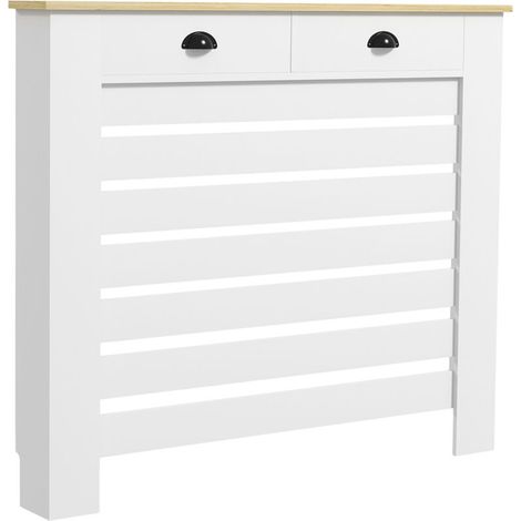Cache-radiateur blanc avec grille horizontale, 2 tiroirs de rangement en bois, 111 x 19 x 95,5 cm, habillage design pour radiateur
(156 caractères) (1/5)