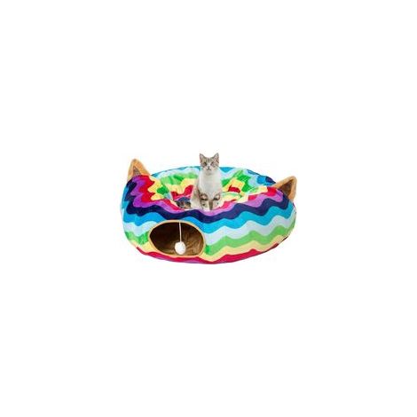 Weihnachtliches Tunnel-Katzenbett mit Plüschball, kleinem Kissen und flexiblem Design – 25 cm Durchmesser, 80 cm Länge – ideal für Katzen und kleine Hunde, Regenbogenwellenmuster. – Crezuo